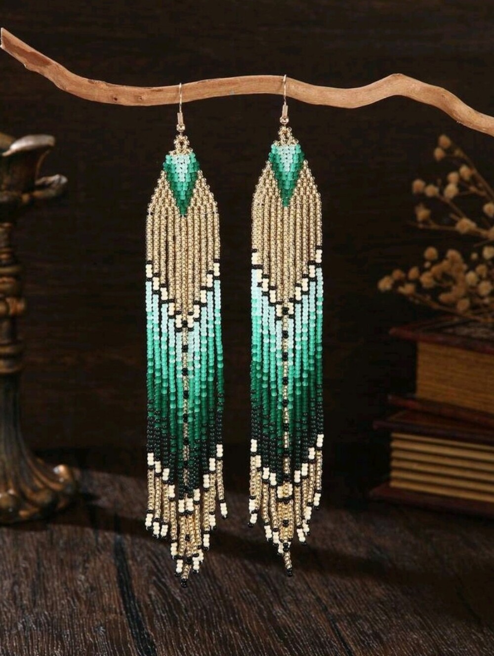 Handmade Green and Gold Beaded Earrings